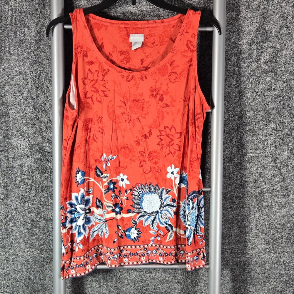 Chico's Women Orange Floral Border Print Sleeveless Tank Top Size 1 Medium